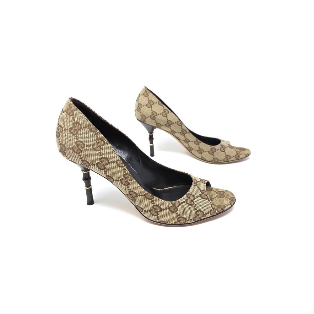 Gucci GG Monogram Canvas Bamboo Heels Peep Toe Pumps Brown 7.5